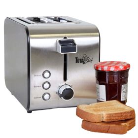 Total Chef 2 Slice Compact Toaster, Stainless Steel, Wide Slot, 7-Shades, Defrost, Reheat and Cancel Settings 800W
