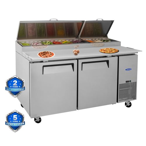 Orikool 67 IN Commercial Pizza Prep Table with a Built-in Refrigerator 20.3 Cu.Ft, Butcher Block Cutting Board, Protection Lid, Cold Storage Orikool 67 IN Commercial Pizza Prep Table with a Built-in Refrigerator 20.3 Cu.Ft, Butcher Block Cutting Board, Protection Lid, Cold Storage